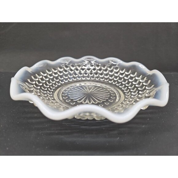Vintage Moonstone Opalescent Hobnail Ruffle Edge Shallow Glass Dish - Picture 2 of 9